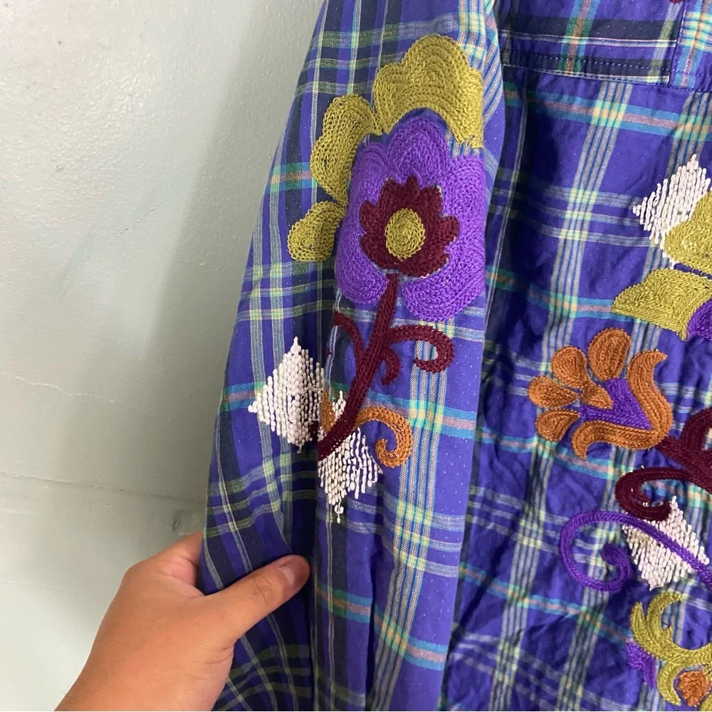 Free People Embroidered Sashiko Shirt Plaid Floral Oversized XL‎ Blue Purple